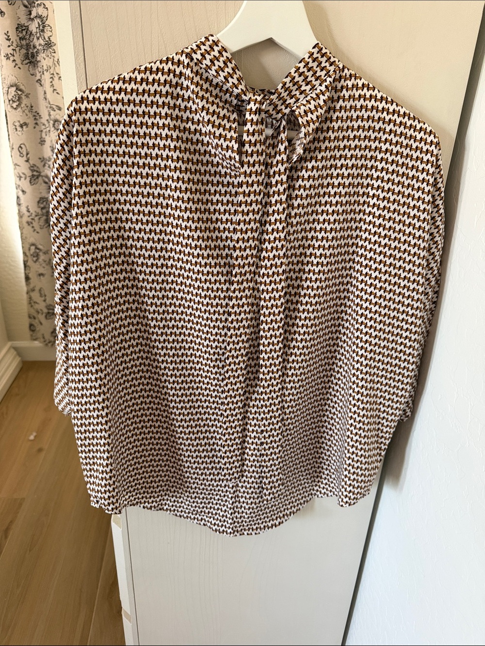 SHEIN Cream and Brown Geometric Tie-Neck Blouse